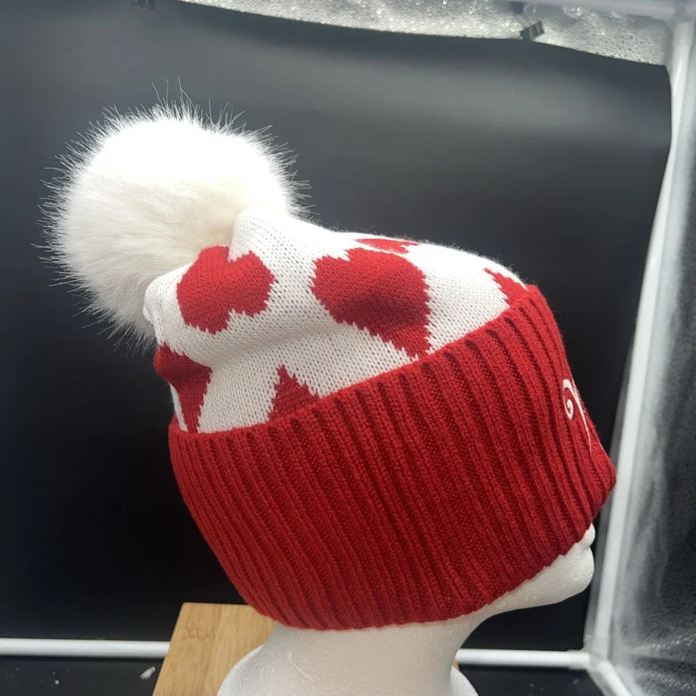 Victoria's Secret Knit Beanie Hat Pom Pom One Size Red White Hearts